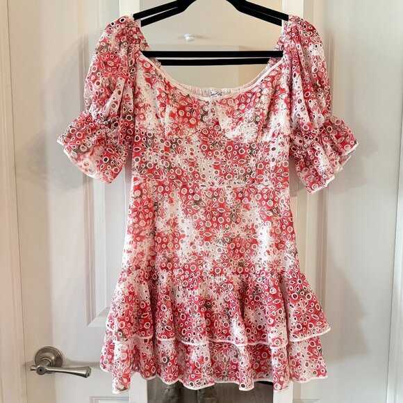 Charo Ruiz Ibiza Jean Off-the-Shoulder Eyelet Dress Size Medium Color White Red - Picture 2 of 8